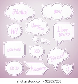 Set of white paper speech bubbles. Empty blank, template for written communication, information, words. Vector Illustration, light effect.