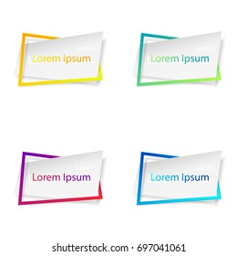 Set of white paper sticker with gradient colored frame, isolated on white background with lettering. Space for text. Vector illustration. Elements for poster, card, web, design.