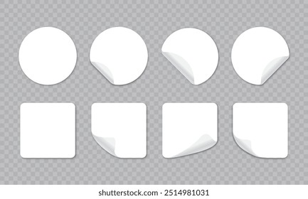 Set of white paper sticker mockups or square and circle shapes with curved corners isolated.round sticker,circular shape sticker element,square shape sign banner design