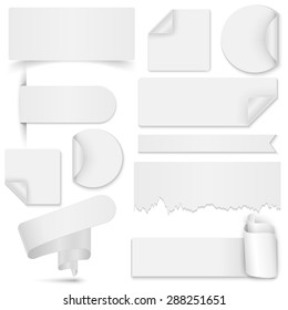 Set of white paper stickers and banners on white background. Round, square, rectangular, torn, twisted vector design template