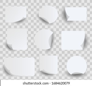 Set of white paper stickers. Circle, rectangles and squares label stickers with curled corners, edges. Realistic paper template for your design. Collection of vector symbol. Blank bent label stickers.