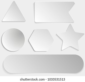 Set of white paper stickers of different shapes on gray gradient background. Round, square, hexagonal, star, triangular
