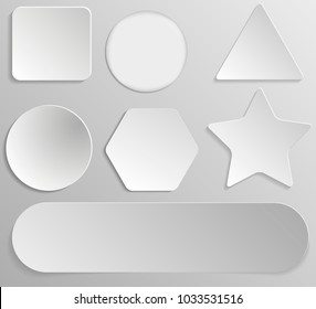 Set of white paper stickers of different shapes on gray gradient background. Round, square, hexagonal, star, triangular
