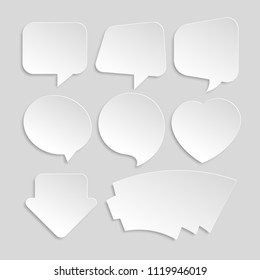Set of white paper stickers of different shapes, for messages or quotes. Vector illustration