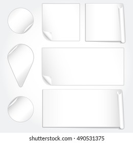 Set of white paper stickers on white background. Round, square, rectangular, map marker. Vector illustration.