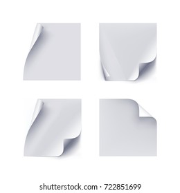Conjunto de etiquetas de papel blanco sobre fondo blanco. Varias etiquetas blancas en un estilo realista con bordes plegados para diseñadores e ilustradores. Conjunto de etiquetas como ilustración vectorial
