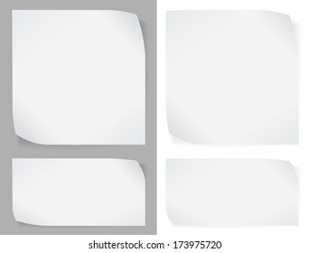Set of white paper stickers over gray and white backgrounds.
