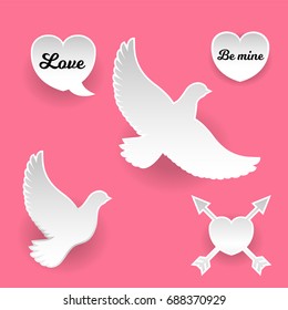 Set of white paper stickers. Pigeon, dove, heart, arrows, comic bubble. White paper silhouette symbols. Vector illustration.