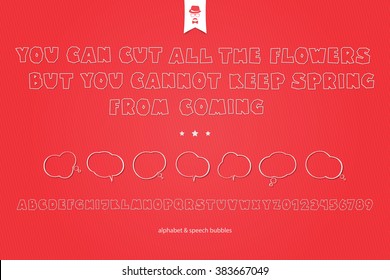 set of white paper stickers, stylish alphabet letters, numbers and speech bubbles isolated on red background. vector, 3d style font type design. thin line typeface icons and text box clouds