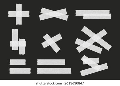 Set of white paper tape strips in various positions and cross arrangements on a dark background, realistic texture, vector illustration.