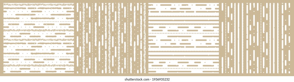 Set of White pastel beige monochrome abstract geometric graphic seamless border pattern. Illustration contains lines like worms, rhombus like stars. Horizontal and vertical stripes for print textiles