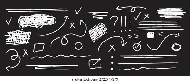Satz von weißem Bleistift handgezeichnet verschiedene ovale, gekalkte Pfeile, Häkchen. Vektordoodle-Marker-Zeichnung. rote Markerformen mit Betonung. Schwarzer Hintergrund. Vektorgrafik.	