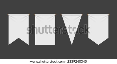 set of white pennant flags mock up, blank vertical banners on flagpole. Isolated medieval heraldic empty ensign templates. Vector illustration