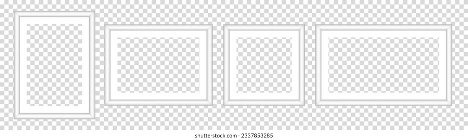 Set of white photo frames. White passe-partout. Square and rectangular pictures. Poster or painting mockup on a transparent background