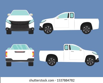 Set Of White Pick Up Truck Car View On Blue Backgruond,illustration Vector,Side, Front, Back