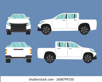 Set of white pickup truck car view on blue background,illustration vector,Side, front, back