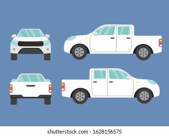 Set of white pickup truck car view on blue background,illustration vector