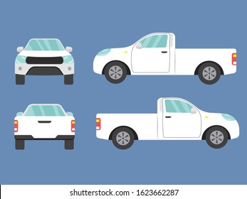 Set of white pickup truck single cab car view on blue background. illustration vector. Side, front, back.