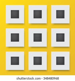 Set of white picture frame on yellow wall. Vector illustration.