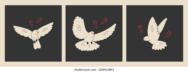 Set of white pigeons. Flying dove , international global day of peace. Cartoon vector illustration