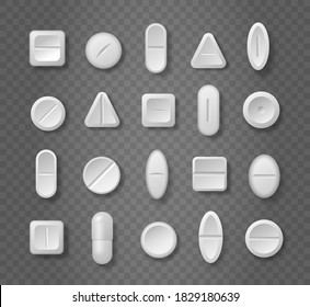 Set of white pills and tablets on transparent background. Medications. Medical and healthcare concept. Vector illustration, EPS10.