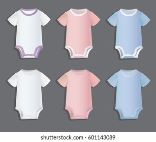 Set of white, pink and blue Bodysuits for children templates. Clothing for boys and girls - babies.
