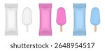 Set of white, pink and blue flow packs. Popsicle ice cream wrapper. Foil bag. Realistic vector mockup