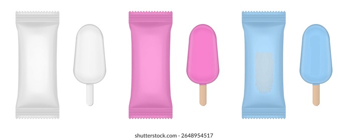 Set of white, pink and blue flow packs. Popsicle ice cream wrapper. Foil bag. Realistic vector mockup