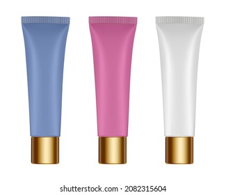 Set of white, pink and blue plastic tubes. Salve or ointment. Gold cap. Plastic bottle. Moisturising gel. Lip or eye serum. 3d mockup.