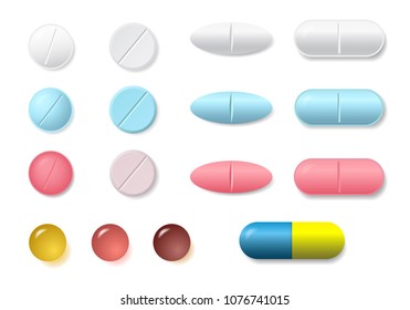 Set of white, pink and blue round and oval medicine pills and capsules of various kinds, isolated vector on white background with shadow