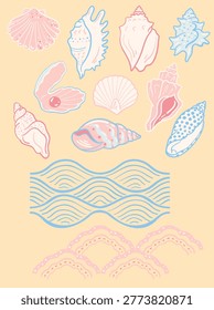 A set of white, pink, and blue seashells and waves for a frame border. 12 vector sticker elements in pastel colors for a boho, Mediterranean, Portuguese design. Hand-drawn sea beach illustrations.