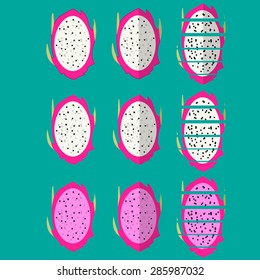 set of white and pink dragon fruit in flat icon style