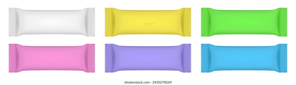 Set of white, pink green, purple, blue and yellow flow packs. Chocolate bar or ice cream wrapper. Silver foil bag. Realistic 3d mockup of a cookie snacks. Pouch