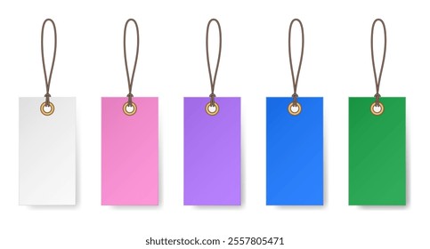 Set of white, pink, purple, blue and green rectangular price tags. Luggage tag. Cardboard label for clothes.	