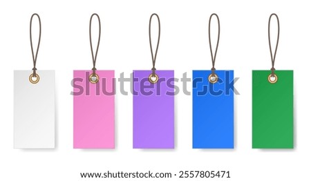 Set of white, pink, purple, blue and green rectangular price tags. Luggage tag. Cardboard label for clothes.	