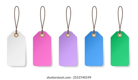 Set of white, pink, violet, blue and green price tags. Luggage tag. Cardboard label for clothes.	