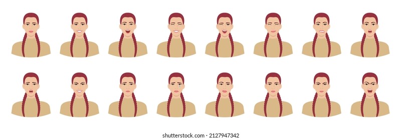 Set of white pink-haired woman emotions. Variations of female facial expressions. Smile, happy, cheerful, surprised, sad, dissatisfied, irate, angry, terrified emotions. Flat vector character.