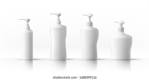 Un conjunto de botellas blancas de plástico para productos sanitarios e higiénicos. Objeto, sombra y reflexión en capas separadas. Vector.