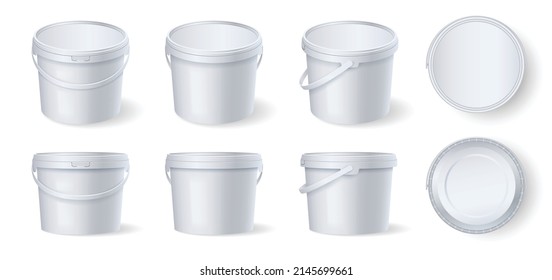 Set of white plastic buckets with handle and lid, different side views. Template mockup for branding, product packaging for food, paint, adhesive, sealant. 3d vector illustration