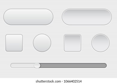 Set of white plastic buttons. Normal and pushed. With slider bar. Web interface buttons. Vector 3d illustration