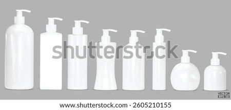 Set of White Plastic Pump Bottles Mockup Isolated on White Background. Cosmetic bottle mockup. Cosmetic product package. Pump container collection. 3D Vector Illustration