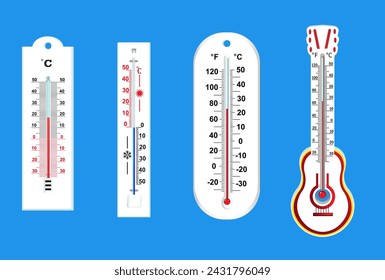 Set of white plastic thermometers on a blue background. Thermometers Celsius and Fargenheit