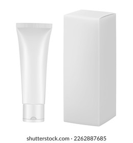 Set of white plastic tube and box. Realistic mockup. Ointment or salve. Gel serum. Korean packaging. Blank cardboard package