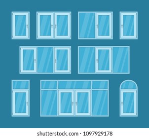 set of white plastic windows. isolated on blue background 