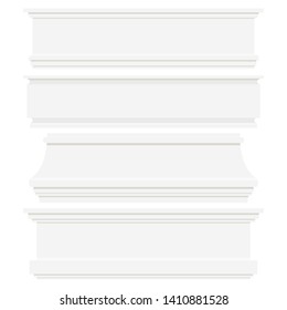 Set of white plastic or wood baseboards isolated on white background. Architectural elements for interior wall design. Vector flat style illustration. Moldings of various shapes collection.