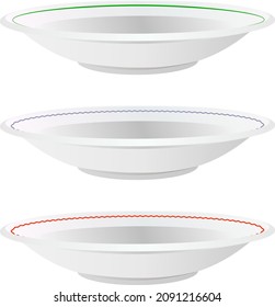 Set of white plates with different decoration isolated drawing in flat style on a transparent background