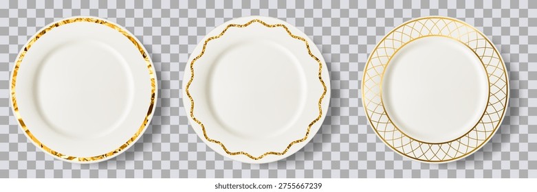 Set of white plates with gold decor, elegant luxury tableware on transparent background. Vector 3d realistic top view illustration. Premium ceramic dish collection for menu design, branding and mockup