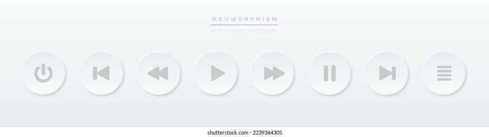 Set of white play button icons. Neumorphic UI music player buttons. Vector audio or video interface elements in neumorphism style, soft graphic design