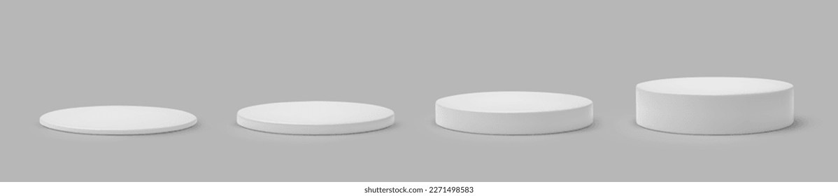 Set white plinth podium base platform different heights. 3d round blank stand pedestal for product presentation. Realistic podium mockup vector illustration