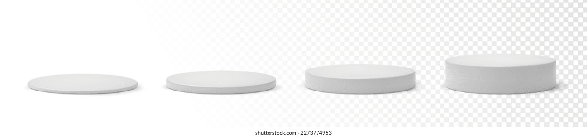 Set white plinth podium base platform different heights. 3d round blank stand pedestal for product presentation. Realistic podium mockup vector illustration